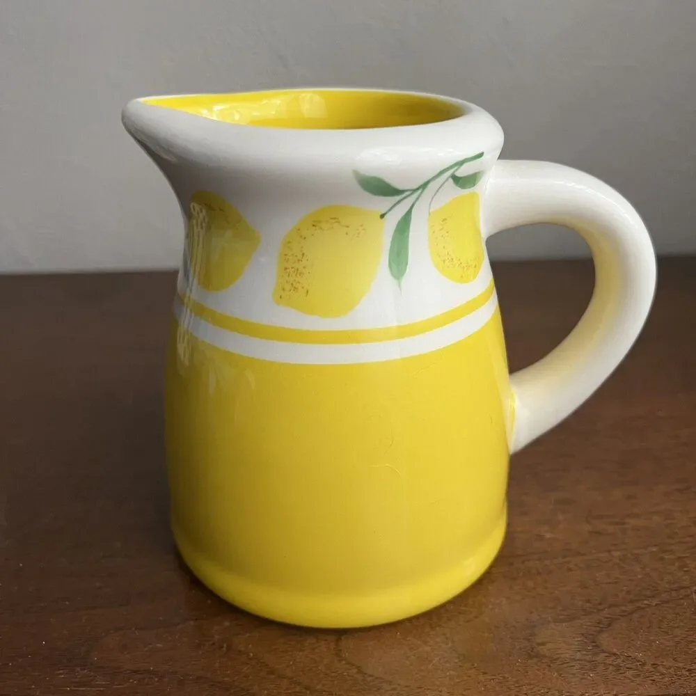 Terramoto Ceramic Lemon Pitcher Yellow White Water Juice Creamer 5.25”